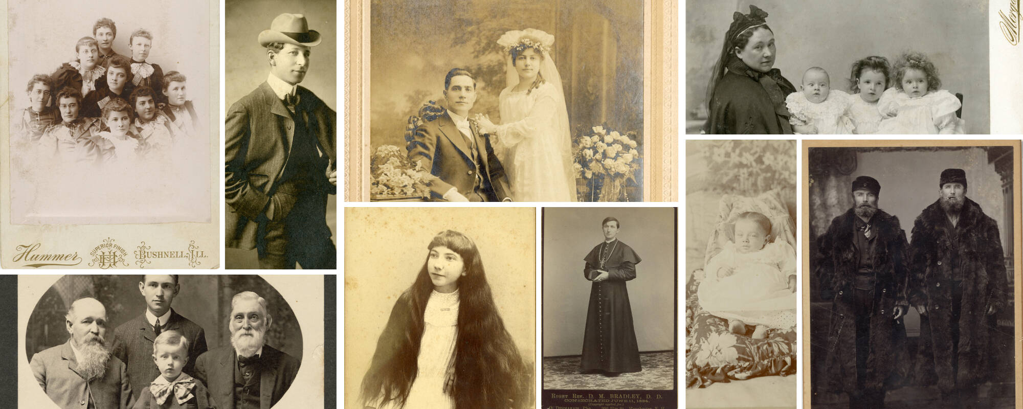 Collage of nine different works of art from the GVSU Art Museum collection that represent cabinet card photography.